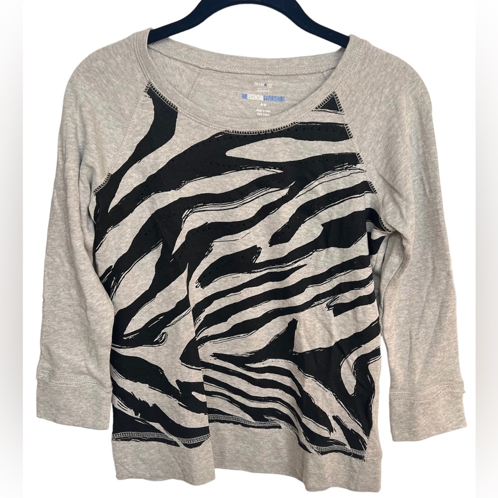 Style & Co Sport Gray Animal Print 3/4 Sleeve Sweatshirt Petite XS